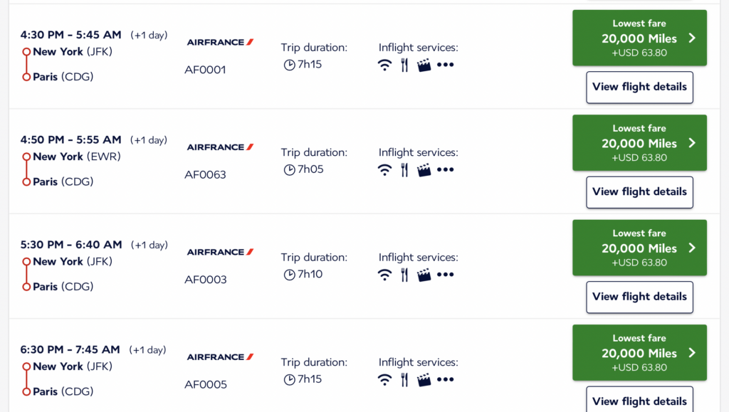 screenshot of miles needed on Air France